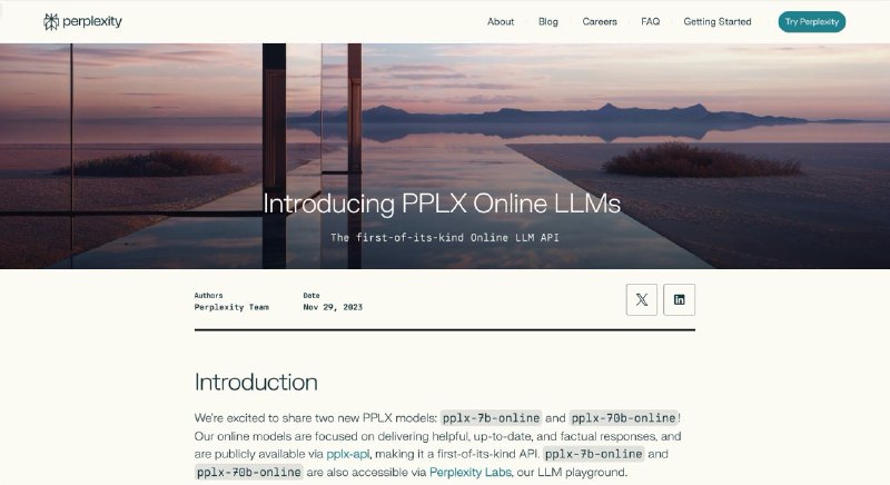 Perplexity 发布联网 LLM 模型Perplexity 发布了两款新的 PPLX 模型：pplx-7b-online 和 pplx-70b-online