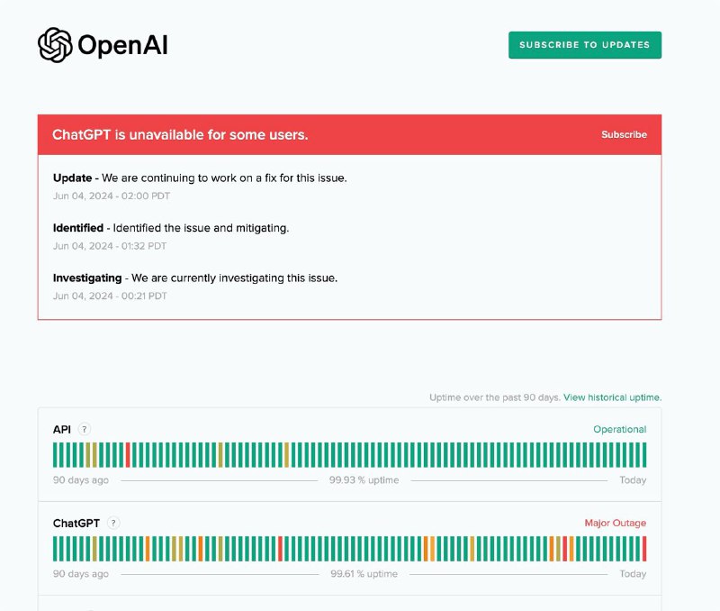 ChatGPT 出现大规模长时间的全球宕机OpenAI 的 ChatGPT 目前正在经历全球范围的部分宕机，多个平台的用户报告了问题，包括网页版、移动应用和桌面应用