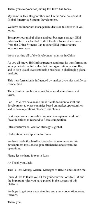 IBM 大规模裁撤中国研发部门，涉及超 1000 名员工IBM 近日宣布将彻底关闭其在中国的研发部门，包括 IBM 中国开发中心（CDL）和 IBM 中国系统中心（CSL），涉及员工超过 1000 人