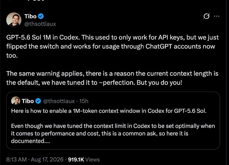 OpenAI 开放了 Codex 内 GPT-5.6 Sol 模型的 1M 上下文开关