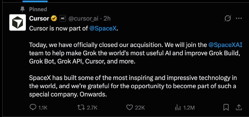 Cursor 官方宣布，其已完成与 SpaceX 的收购交易，正式成为 SpaceX 的一部分