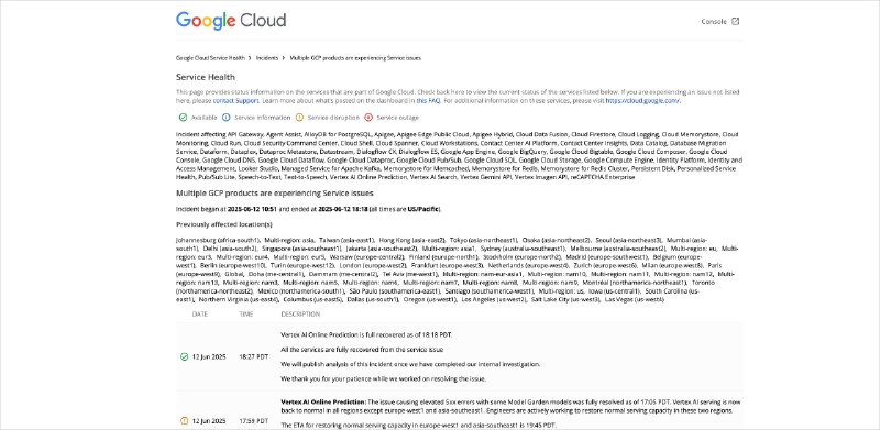 Google 云平台全球故障2025 年 6 月 13 日凌晨 1 时 51 分（北京时间），Google 云平台 (Google Cloud Platform, GCP) 发生全球性重大故障，导致包括 Spotify、Discord、YouTube、Gmail、Cloudflare 在内的众多互联网服务出现大面积中断