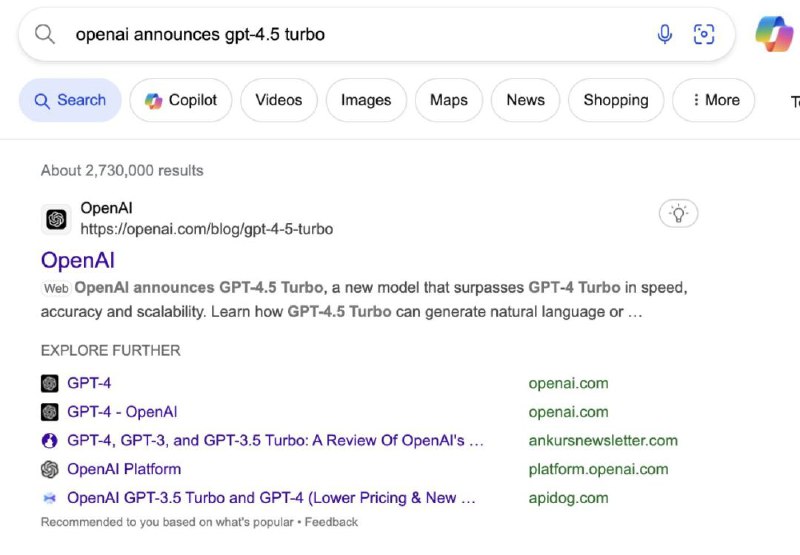 #小道消息互联网上传出所谓「GPT-4.5」模型的发布文章的搜索引擎记录截图，显示这一页面曾短暂出现在OpenAI官网，并恰好被搜索引擎记录